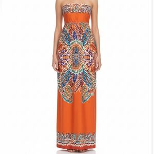 NEW Strapless Orange Maxi Dress Size XS Tropical Pattern Beach Flowy Lightweight